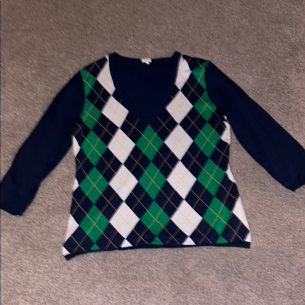 J. Crew Green and Navy Argyle V-Neck Sweater